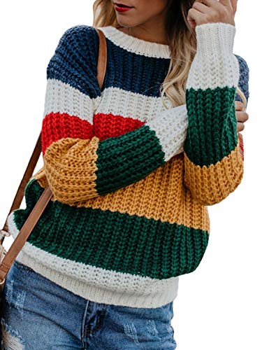 YOSICIL Damen Pullover Streifen Herbst Winter Strick Pulli Gestreift Bunt Patchwork Strickpullover Langarm Casual Rundhals Sweatshirt Fit Frauen Oberteile Tops von YOSICIL