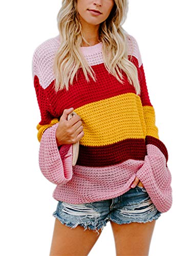 YOSICIL Damen Pullover Streifen Herbst Winter Strickpullover Regenbogen Strick Pulli Langarm Casual Sweatshirt Lose Frauen Oberteile Bunt Tops von YOSICIL