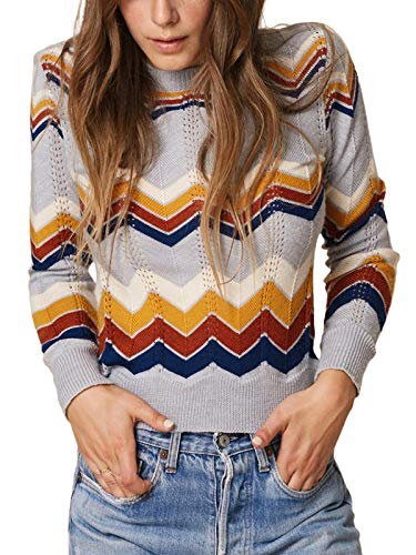 YOSICIL Damen Pullover Streifen Strickpullover Unregelmäßig Bunt Strick Pulli Langarm Casual Sweatshirt Fit Frauen Oberteile Tops Herbst Winter von YOSICIL