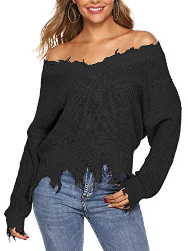 YOSICIL Damen Tiefer V-Ausschnitt Strickpullover Quaste Dicke Pullover Damen Lose Asymmetrisch Sweatshirt Schulterfrei Oberteile für Herbst Winter Langarmshirt Weiß Rot Grau Schwarz von YOSICIL