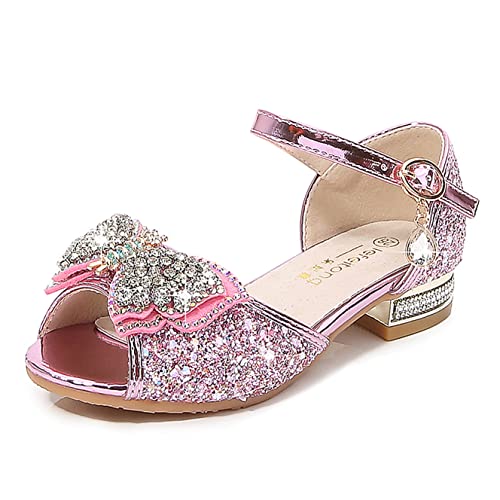 YOSICIL ELSA Mädchen Kinder Sandalen mit Schleifen Prinzessinnenschuhe Glitzer Glitter Kristall für Verkleidung Cosplay Weihnachten Karneval Halloween Pailletten Schuhe, Rosa 28 von YOSICIL