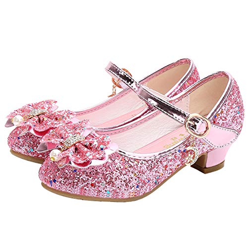 YOSICIL Mädchen Prinzessin Schuhe ELSA Schuhe mit Absatz Anhänger Kristall Schuhe Partei Glitzer Pumps Festliche Schuhe Karneval Party Aufführung Fasching Kostüm Zubehör Schuhe,Pink,27 von YOSICIL