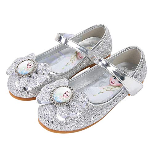 YOSICIL Mädchen Elsa Prinzessinnenschuhe Sandalen Bowknot Low Heels Kinder Ballerina Kristall Pailletten für Partei Verkleidung Halloween Karneval Weihnachten Kindergarten, Silber, 26 von YOSICIL