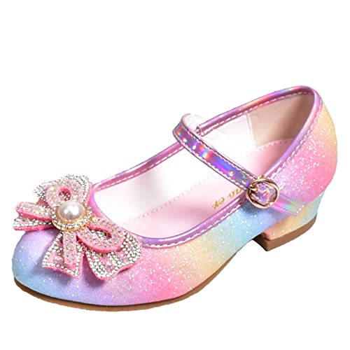 YOSICIL Mädchen Kinder Prinzessinnenschuhe Regenbogen Glitzer Sandalen mit Absatz Pailletten Kristalle Heels mit Schleifen für Geschenk Hochzeit Geburtstag Festival Halloween Weihnachten, Farbe, 26 von YOSICIL