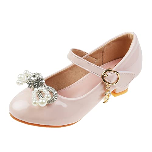 YOSICIL Mädchen Lederschuh Prinzessinnenschuhe Kinder Mary Jane Schuhe mit Absatz Sandalen Glitzer Kristall Schleife für Partys Hochzeiten Geburtstag Geschenk Weihnachten Hochzeit Fest, Rosa, 37 von YOSICIL