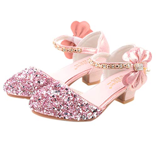 YOSICIL Mädchen Prinzessin Schuhe ELSA Glitzer Sandalen Flamenco Schuhe Mädchen Partei Kristall Schuhe Bowknot Hochzeitsschuhe Festschuhe Karneval Halloween Weihnachten Party,Mode02 Pink,27 von YOSICIL