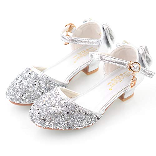 YOSICIL Mädchen Prinzessin Schuhe ELSA Glitzer Sandalen Flamenco Schuhe Mädchen Partei Kristall Schuhe Bowknot Hochzeitsschuhe Festschuhe Karneval Halloween Weihnachten Party,Mode01 Silber,31 von YOSICIL