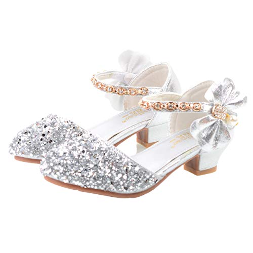 YOSICIL Mädchen Prinzessin Schuhe ELSA Glitzer Sandalen Flamenco Schuhe Mädchen Partei Kristall Schuhe Bowknot Hochzeitsschuhe Festschuhe Karneval Halloween Weihnachten Party,Mode02 Silber,28 von YOSICIL