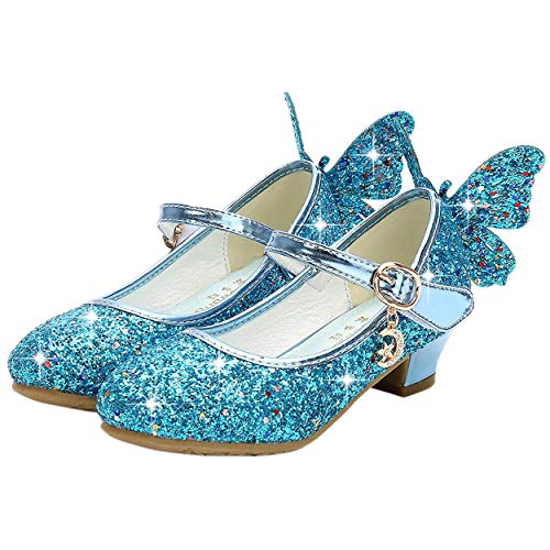 YOSICIL Mädchen Prinzessin Schuhe ELSA Schmetterling Schuhe mit Absatz Pailletten Glitzer Schuhe Kinder Ballerinas Hochzeitsschuhe Partei Festschuhe Karneval Halloween Party, Blau, 25 von YOSICIL