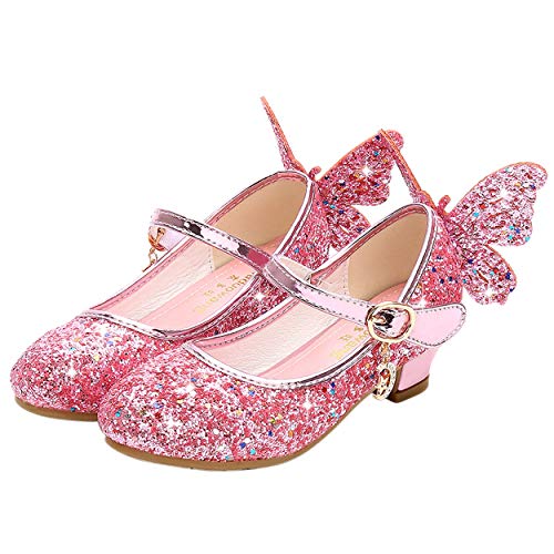 YOSICIL Mädchen Prinzessin Schuhe ELSA Schmetterling Schuhe mit Absatz Pailletten Glitzer Schuhe Kinder Ballerinas Hochzeitsschuhe Partei Festschuhe Karneval Halloween Party, Rosa, 25 von YOSICIL