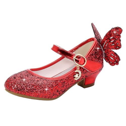 YOSICIL Mädchen Prinzessin Schuhe ELSA Schmetterling Schuhe mit Absatz Pailletten Glitzer Schuhe Kinder Ballerinas Hochzeitsschuhe Partei Festschuhe Karneval Halloween Party, Rot, 35 von YOSICIL