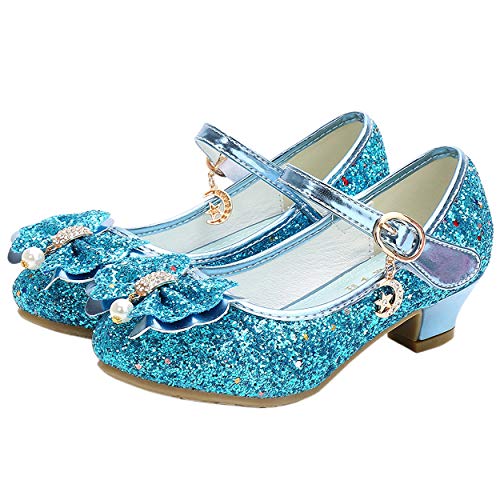 YOSICIL Mädchen Prinzessin Schuhe ELSA Schuhe mit Absatz Anhänger Kristall Schuhe Partei Glitzer Pumps Festliche Schuhe Karneval Party Aufführung Fasching Kostüm Zubehör Schuhe,Blau,33 von YOSICIL