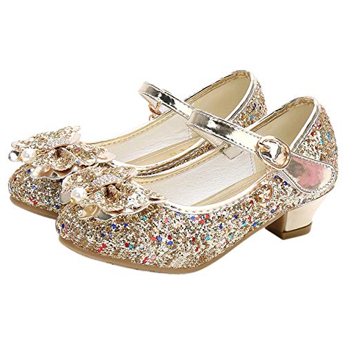 YOSICIL Mädchen Prinzessin Schuhe Elsa Schuhe mit Absatz Anhänger Kristall Schuhe Partei Glitzer Pumps Festliche Schuhe Karneval Party Aufführung Fasching Kostüm Zubehör Schuhe,Gold,26 von YOSICIL