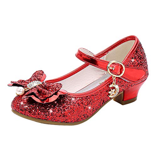 YOSICIL Mädchen Prinzessin Schuhe ELSA Schuhe mit Absatz Anhänger Kristall Schuhe Partei Glitzer Pumps Festliche Schuhe Karneval Party Aufführung Fasching Kostüm Zubehör Schuhe,Rot,27 von YOSICIL