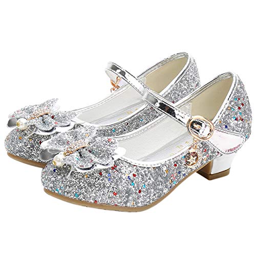 YOSICIL Mädchen Prinzessin Schuhe ELSA Schuhe mit Absatz Anhänger Kristall Schuhe Partei Glitzer Pumps Festliche Schuhe Karneval Party Aufführung Fasching Kostüm Zubehör Schuhe,Silber,26 von YOSICIL