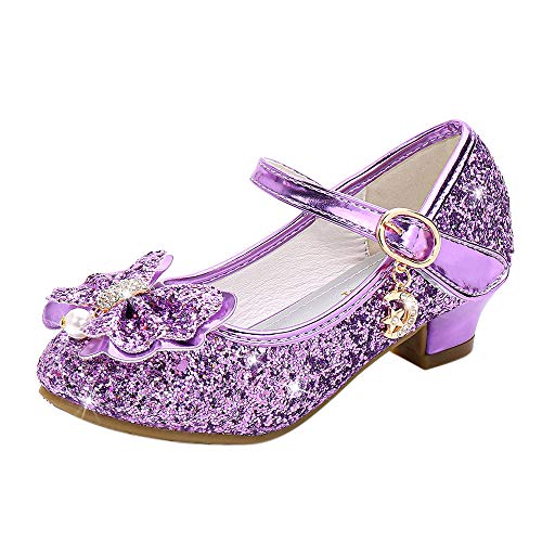 YOSICIL Mädchen Prinzessin Schuhe Elsa Schuhe mit Absatz Anhänger Kristall Schuhe Partei Glitzer Pumps Festliche Schuhe Karneval Party Aufführung Fasching Kostüm Zubehör Schuhe,Violett,32 von YOSICIL