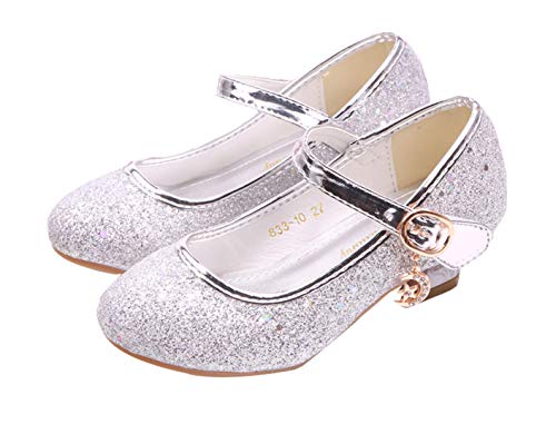 YOSICIL Mädchen Schuhe Prinzessin Schuhe Festliche Schuhe Niedriger Absatz Glitzer Schuhe Kinder Hochzeit Schuhe zum Abendkleid Fasching Halloween Karneval Tanzball Party,Silber,28 von YOSICIL