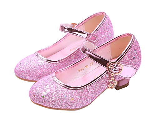 YOSICIL Mädchen Schuhe Prinzessin Schuhe Festliche Schuhe Niedriger Absatz Glitzer Schuhe Kinder Hochzeit Schuhe zum Abendkleid Fasching Halloween Karneval Tanzball Party,Pink,33 von YOSICIL