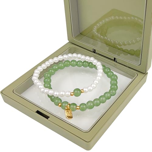 YOSKAEDI Armband Damen 2er Set | Charm Armband mit Weißem & Grünem Glücksanhänger | Personalisiertes Verstellbares Armband | Feines Geschenk für Frauen zu Weihnachten, Geburtstag, Valentinstag von YOSKAEDI