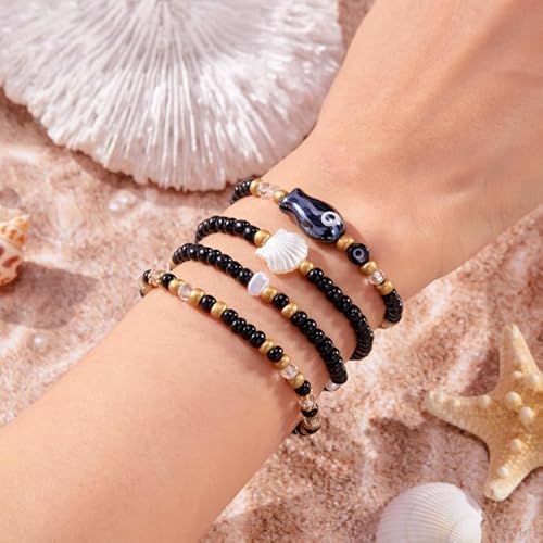 YOSKAEDI Armband-Set mit 4 stapelbare Perlenarmband - Handgefertigtes Armbändern mit Muschel & Fisch Anhänger, für Strandurlaub Meeresthema (Schwarz) von YOSKAEDI
