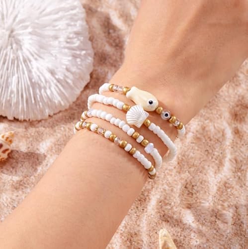 YOSKAEDI Armband-Set mit 4 stapelbare Perlenarmband - Handgefertigtes Armbändern mit Muschel & Fisch Anhänger, für Strandurlaub Meeresthema (Weiße) von YOSKAEDI