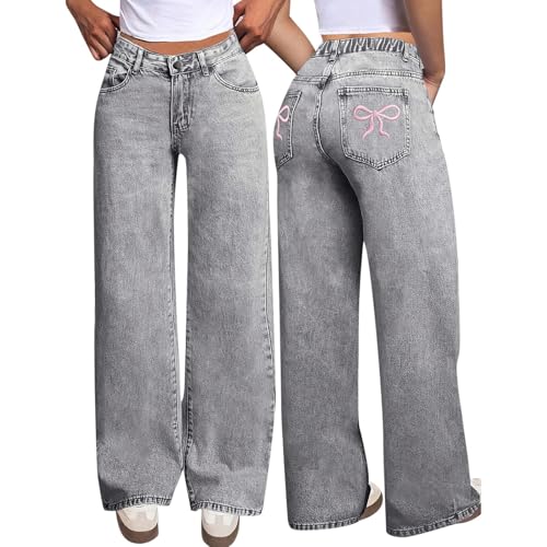 Baggy Jeans Damen Mädchen Y2K - Boyfriend Jeanshose mit Schleife Drucken Low Waist Hip Hop Straight Vintage Denim Hose Breites Bein Locker Streetwear Schlupfjeans Freizeithose von YOSUWOAI