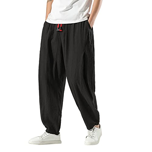 Herren Baggy Haremshose Japanisch Einfarbige Freizeithose aus Baumwolle und Leinen Männer Loose Casual Heimhose Lang Leichte Atmungsaktiv Pluderhose Oversize Weites Bein Jogginghose von YOSUWOAI