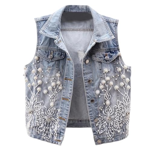 YOSUWOAI Ärmellose Westen Damen Floral Pailletten Spitze Jeansweste Elegant Denim-Weste Mit Einreihiges Zerrissene Biker Denim-Westen Y2K Hip Hop Paert Club Jeansjacke Harajuku Retro Weste von YOSUWOAI