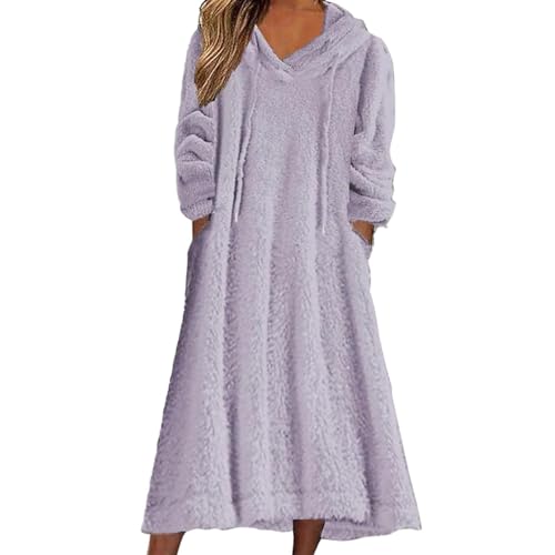 YOSUWOAI Damen Lang Fleece Kleid mit Kapuze Langarm V Ausschnitt Hoodie Pulloverkleid Lose Kapuzenpullover Kleider Warme Plüsch Longpullover mit Taschen Einfarbige Elegant Hauskleid von YOSUWOAI
