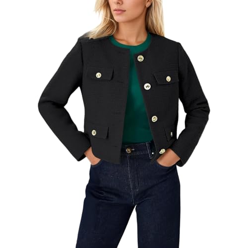 YOSUWOAI Damen Tweed Jacke Cropped Blazer Frühling Sommer Rundhals Business Arbeit Büro Jacke Revers Business Casual Anzugjacke Elegant Runde Kragen Businessmantel von YOSUWOAI