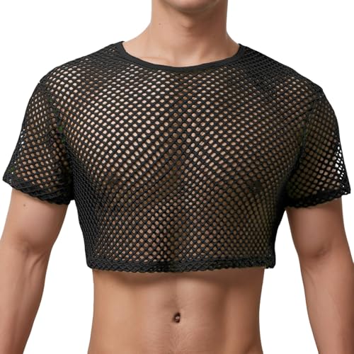 YOSUWOAI Fishnet Crop Top Herren Kurz Unterhemden Mesh Durchsichtig Crop Half Tank Tops Atmungsaktiv Muskelshirt Rundkragen Netz T-Shirts Unterhemden 80er Jahre Discopartys Outfit von YOSUWOAI