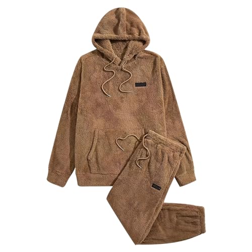 YOSUWOAI Fleece Herren Pyjama Anzug Warm und Bequem Hausanzug 2-teiliger Freizeitanzug mit Kapuzen Sweatshirt und Hose Winter Warm Dicke Schlafanzug Plüsch Zweiteiliger Schlafanzüge von YOSUWOAI