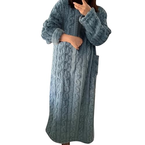 YOSUWOAI Fleece Schlafanzug Damen Winter Hauskleid Bequem Schlafbekleidung Flauschig Lang Nachthemd Kleid Warm Weich Hausanzug Plüsch Pyjamas Einfarbige Nachtwäsche mit Taschen von YOSUWOAI