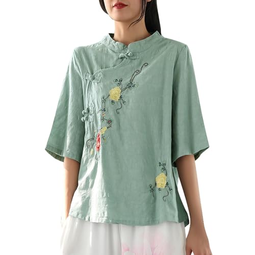 YOSUWOAI Frauen Leinen Vintage Blusen Chinesische Traditionelle Kleidung Kurzarm Stehkragenknopf Leinenhemd Ethnische Streetwear T-Shirt Loose fit Training Sportshirts von YOSUWOAI
