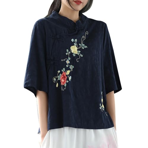 YOSUWOAI Frauen Leinen Vintage Blusen Chinesische Traditionelle Kleidung Kurzarm Stehkragenknopf Leinenhemd Ethnische Streetwear T-Shirt Loose fit Training Sportshirts von YOSUWOAI