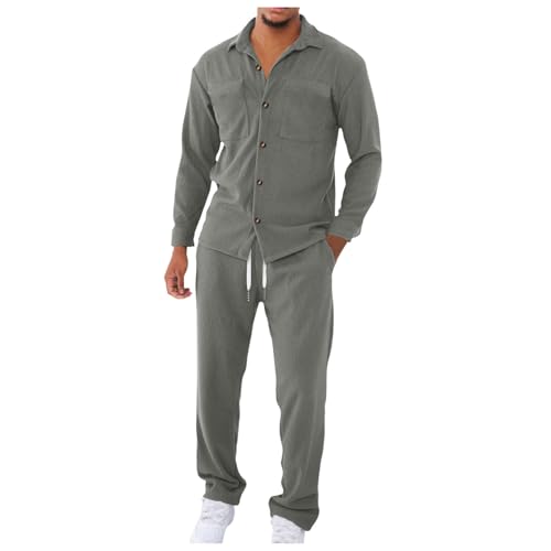 YOSUWOAI Freizeitanzug Herren 2 Teiliges Cord Sportanzug Set Langarmhemd mit Knöpfen und Tasche Jogginghose Set Einfarbig Jogginganzug Casual Locker Hausanzug Ohne Kapuze Cargo Tracksuit von YOSUWOAI
