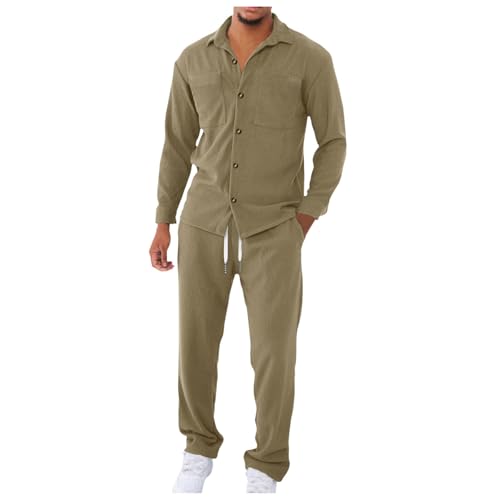 YOSUWOAI Freizeitanzug Herren 2 Teiliges Cord Sportanzug Set Langarmhemd mit Knöpfen und Tasche Jogginghose Set Einfarbig Jogginganzug Casual Locker Hausanzug Ohne Kapuze Cargo Tracksuit von YOSUWOAI