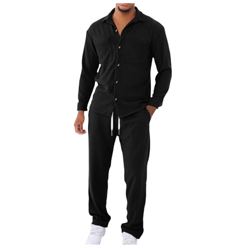 YOSUWOAI Freizeitanzug Herren 2 Teiliges Cord Sportanzug Set Langarmhemd mit Knöpfen und Tasche Jogginghose Set Einfarbig Jogginganzug Casual Locker Hausanzug Ohne Kapuze Cargo Tracksuit von YOSUWOAI