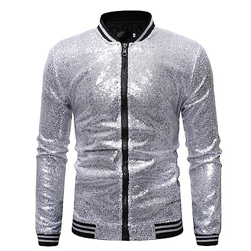 YOSUWOAI Glitzer Jacket Herren Pailletten Bomberjacke mit Reißverschluss Nachtclub Glänzende Jacke 80er Jahre Outfit Disco Party Karneval Kostüm Slim fit Freizeitjacke Festliches Outfit von YOSUWOAI