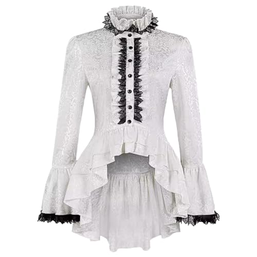 YOSUWOAI Gothic Viktorianische Bluse für Damen Lolita-Hemd hoch niedrig unregelmäßige Rüschen Mittelalterliche Oberteile Elegant Langarmhemd Vintage Renaissance Hemd von YOSUWOAI