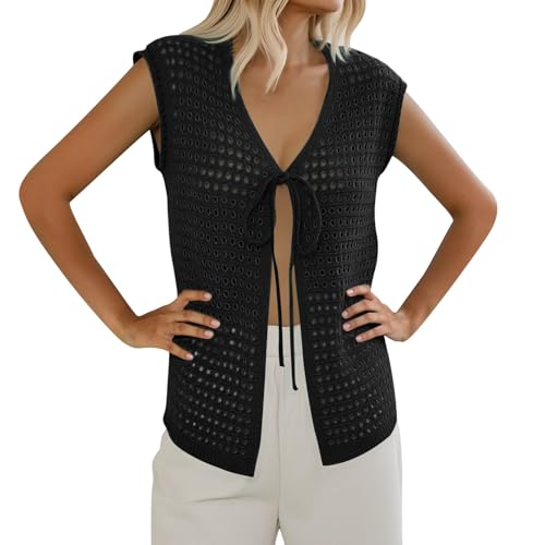 YOSUWOAI Häkeln Oberteil Damen Ärmellos Strickjacken Sommer Schmale Passform Bikinikleid Top Cutout Urlaubsbluse mit Schnürung Gestrickte Häkelwesten V Ausschnitt Cardigan von YOSUWOAI