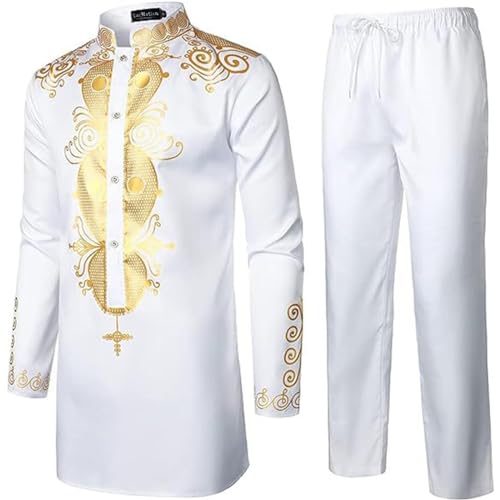 YOSUWOAI Herren Afrikanisches 2-Teiliges Set Langarm Dashiki Print Hemd und Hose Outfit Traditioneller Anzug Langarm Oberteil mit Goldfarbenem Druck Gerade Freizeithose Dubai Arab Kleidung von YOSUWOAI
