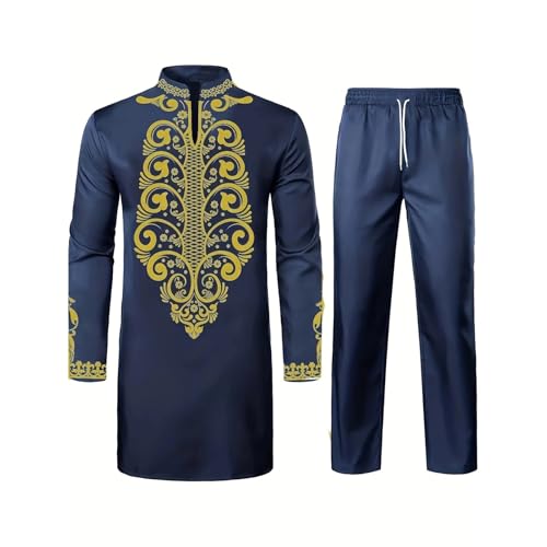 YOSUWOAI Herren Afrikanisches 2-Teiliges Set Langarm Dashiki Print Hemd und Hose Outfit Traditioneller Anzug Langarm Oberteil mit Goldfarbenem Druck Gerade Freizeithose Dubai Arab Kleidung von YOSUWOAI