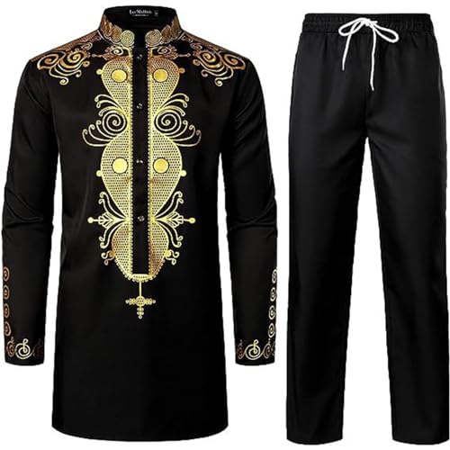 YOSUWOAI Herren Afrikanisches 2-Teiliges Set Langarm Dashiki Print Hemd und Hose Outfit Traditioneller Anzug Langarm Oberteil mit Goldfarbenem Druck Gerade Freizeithose Dubai Arab Kleidung YOSUWOAI Herren Afrikanisches 2-Teiliges Set Langarm Dashiki Print Hemd und Hose Outfit Traditioneller Anzug Langarm Oberteil mit Goldfarbenem Druck Gerade Freizeithose Dubai Arab Kleidung von YOSUWOAI
