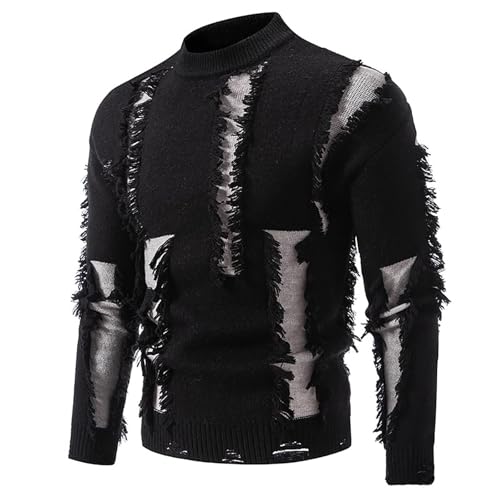 YOSUWOAI Herren Gothic Punk Grunge Pullover Langarm Rundhals Oversize Zerrissene Lange Strickpullover Vintage Ripped Torn Longpullover Y2k Gestrickte Harajuku Oberteile Winter Tops von YOSUWOAI
