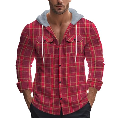 YOSUWOAI Herren Hemd Kariert Kapuzenhemd Flanell Winterhemd Bequem Weich Freizeithemd Vintage Langarm Karohemd Outdoor Thermo Arbeitshemd mit Kapuze Loose Trachtenhemd mit Knopfleiste von YOSUWOAI