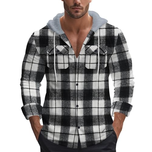 YOSUWOAI Herren Hemd Kariert Kapuzenhemd Flanell Winterhemd Bequem Weich Freizeithemd Vintage Langarm Karohemd Outdoor Thermo Arbeitshemd mit Kapuze Loose Trachtenhemd mit Knopfleiste von YOSUWOAI