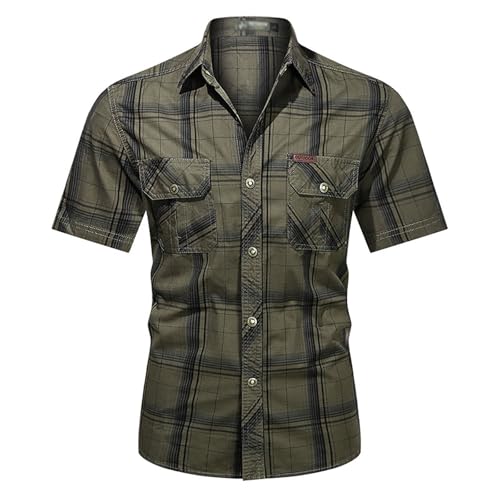 YOSUWOAI Herren Hemden Kurzarm Karo Hemd Slim fit Freizeithemden Männer Regular Fit Kariert Shirt Outdoor Schnelltrocknend Taktisches Hemd Baumwolle Arbeitshemd Geknöpftes Herrenhemd von YOSUWOAI