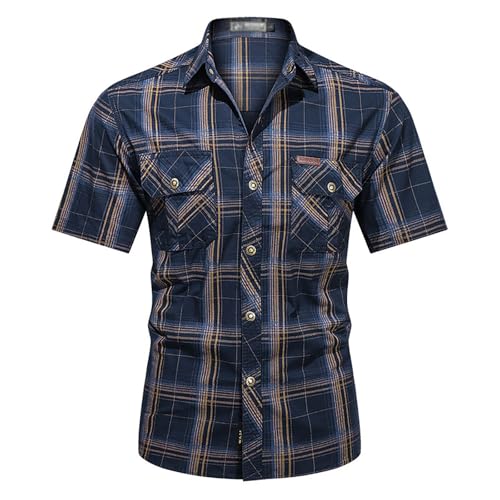 YOSUWOAI Herren Hemden Kurzarm Karo Hemd Slim fit Freizeithemden Männer Regular Fit Kariert Shirt Outdoor Schnelltrocknend Taktisches Hemd Baumwolle Arbeitshemd Geknöpftes Herrenhemd von YOSUWOAI