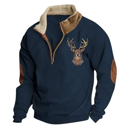 YOSUWOAI Herren Jagd Hirsch Bedruckte Sweatshirt mit 1/4 Knopfleiste Langarm Pullover Vintage Winter Oberteile mit Stehkragen Loose fit Winterpullover Oversized Arbeitspullover von YOSUWOAI